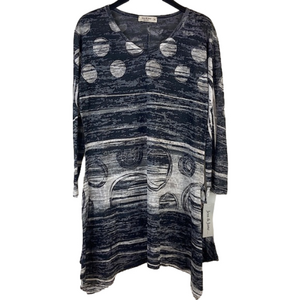 Jess & Jane Black Gray Circles and Stripes Asymmetric Hem Tunic Size Medium NEW